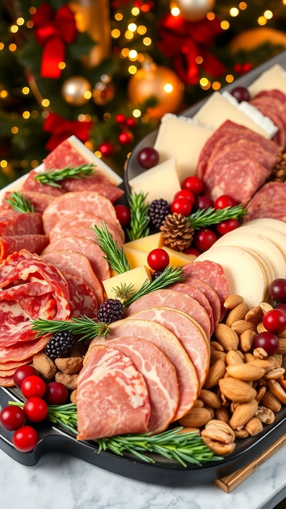 Festive Christmas Charcuterie Board Gift Ideas A beautifully decorated Christmas charcuterie board with meats, cheeses, fruits, and nuts, surrounded by holiday decorations.